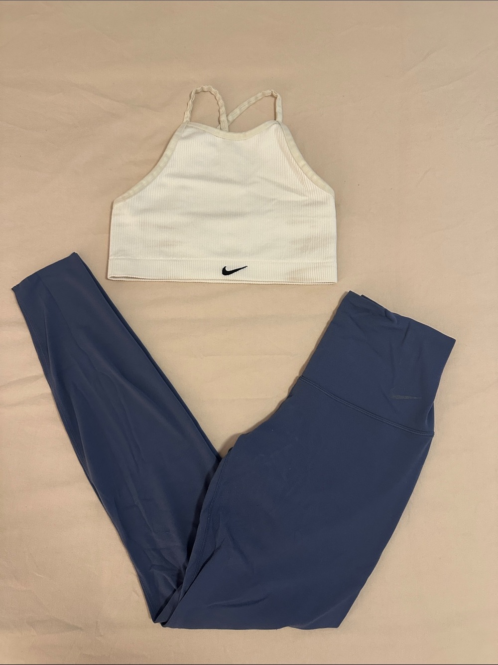Nike White Ribbed Crop Tank with Blue Leggings